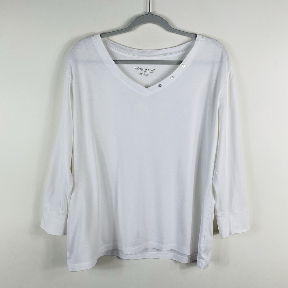Coldwater Creek Top Large White Long Sleeve Button Neck Pima Cotton